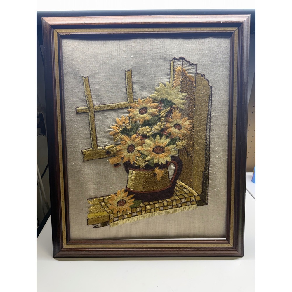 Vintage 70s Crewel Needlepoint Sunflower Floral Wall Art Framed Farmhouse Boho - Picture 16 of 16
